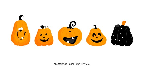 A collection of funny pumpkins with kind emotions for the Halloween holiday. In a cartoon style