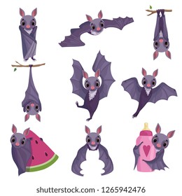 Collection of funny purple bats, cute creature cartoon characters in different situations vector Illustration on a white background