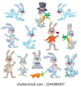 Collection of funny rabbits. Different poses, accessoires and emotions. In cartoon style. Isolated on white background. Vector flat illustration.