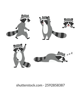 collection of funny raccoon cartoon character gesture walking, tricking, peeking, raising hand, sleeping illustration