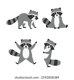 collection of funny raccoon cartoon character gesture standing on all fours , sitting on the floor, jumping, peeking illustration