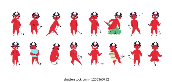 Collection of funny red devil in different postures isolated on white background. Set of cute adorable demon expressing various emotions. Colorful vector illustration in flat cartoon style.