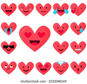 Collection of funny red heart emoticons isolated on white background. Cartoon style. EPS 10 Vector illustration. hearts set. Flat style vector illustration.Valentines Day flat design 