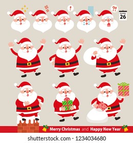 Collection of funny Santa Claus.Christmas set.Emoticons set.Santa Claus gift.Santa sitting in a chimney.Santa with gift.vector illustration.