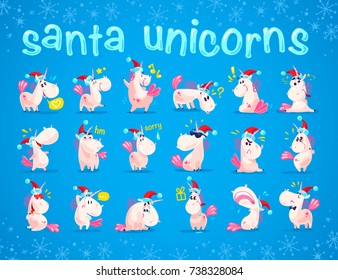 Collection of funny santa unicorn emoticon in santa hat isolated on blue winter background. Set of cute white fairy little pony with pink tail. Good for merry christmas card and new year media design.