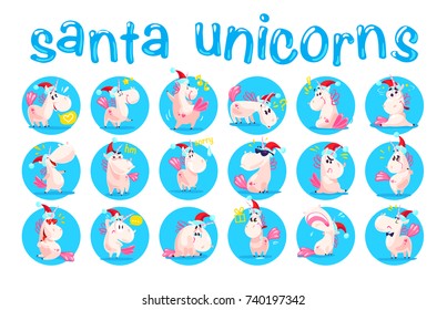 Collection of funny santa unicorn emoticon in santa hat isolated on white winter background. Set of cute white fairy little pony with pink tail. Good for merry christmas card and new year media design