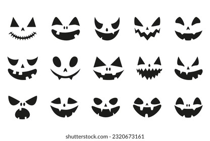Colección de caras de fantasmas o calabazas divertidas y aterradoras para Halloween. Ilustración del vector aislada en fondo blanco