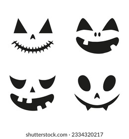 Collection of funny and scary ghost or pumpkin faces for Halloween. Vector illustration isolated on white background
