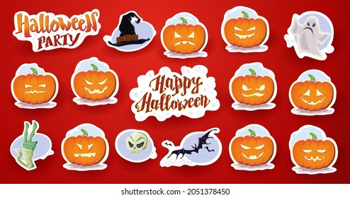 Collection of funny scary Halloween stickers. Pumpkin, witch hat, congratulation, ghost isolated. Vector flat cartoon illustration. For banners, packaging, cards.