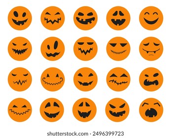 Colección de divertidas y aterradoras pegatinas naranjas redondas con caras para Halloween. Ilustración vectorial aislada sobre fondo blanco