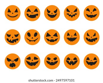 Kollektion von lustigen und gruseligen runden orangefarbenen Aufklebern mit Gesichtern für Halloween. Vektorgrafik einzeln auf weißem Hintergrund