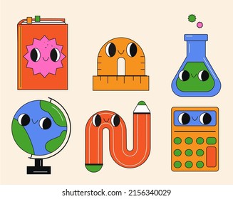 Collection of funny School objects and supplies. Cartoon characters of book, ruler, globe, flask and pencil for kids and children