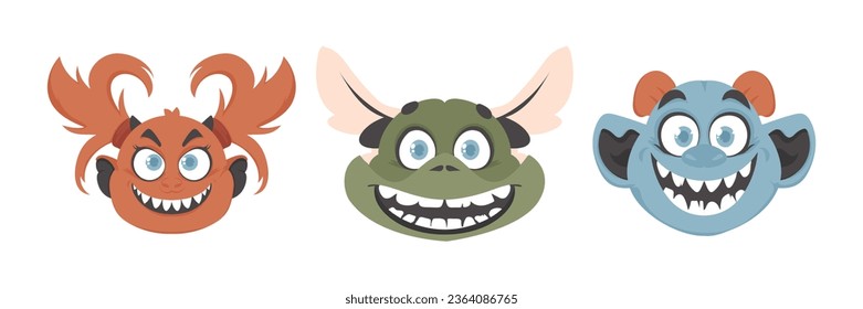 A collection of funny and silly monster faces. Cartoon style.