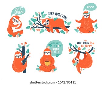 Collection of funny sloths in different postures. Lazy exotic animal sleeping, napping, relaxing on tropical tree branch, meditates and drinks coffee. Cute cartoon character doing daily things