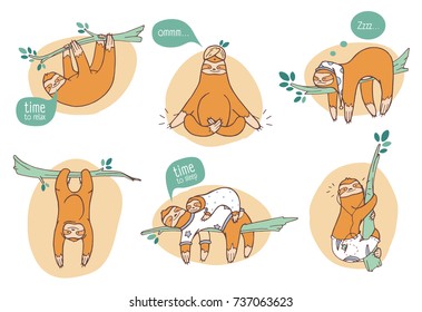 Colección de manchas divertidas en diferentes posturas. Perezoso animal exótico durmiendo, dando palmadas y relajándose en la rama de los árboles tropicales. Personaje de dibujos animados haciendo cosas diarias. Ilustración vectorial colorida.