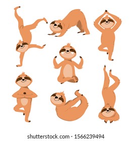 Collection of funny sloths in different yoga poses on a white background