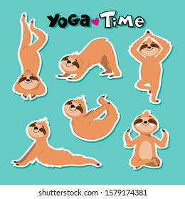 Collection of funny sloths in different yoga poses on a blue background. Fashion patch badges