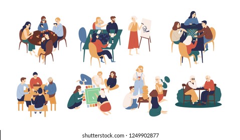 Collection of funny smiling people sitting at table and playing board or tabletop games. Home leisure activity for friends or family members. Colorful vector illustration in flat cartoon style.