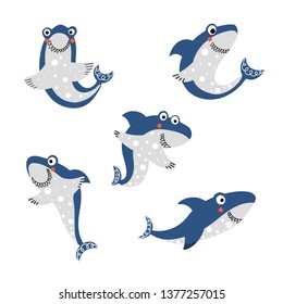 Collection with funny smiling sharks with different characters Isolated on white background. Kids vector illustration.