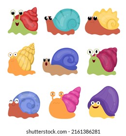 Colección de caracol gracioso con diferentes colores de concha y emoción veraz en personaje de dibujos animados aislado en fondo blanco, ilustración vectorial