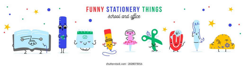 A collection of funny stationery items. Stuff for school and office. Faces and characters. Smiles and different emotions. A simple cute illustration with bright colors and graphic lines. 9 objects