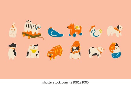 Collection of funny stickers of japanese vintage toys and dolls in vector.