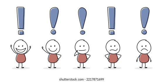Collection of funny stickman with exclamation mark symbol. Icon set. Vector