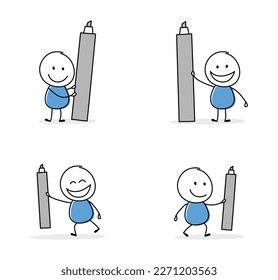 Collection of a funny stickman holding pen icon. Hand drawn design for a business presentation. Vector illustration