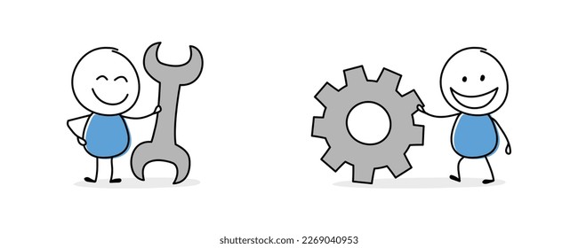 Collection of a funny stickman holding wreck and gearwheel sign. Hand drawn icons for a business presentation. Vector illustration