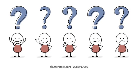 Collection of funny stickman with question mark icon. Vector
