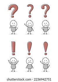 Collection of funny stickman with question mark and exclamation mark symbol. Icon set. Vector