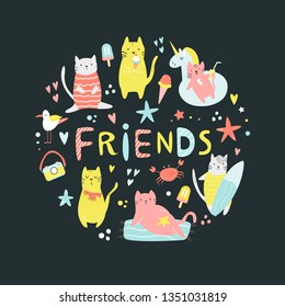 Collection of funny summer cats and lettering. Vector round composition.