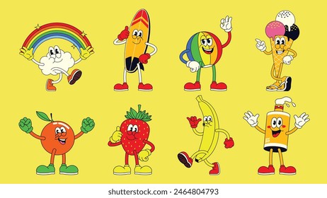 Collection of Funny Summer Retro Cartoon Character Set Collection