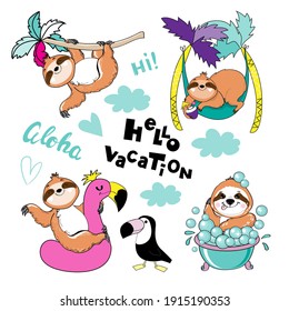 Colección de divertida pereza de verano. Ilustración de autoadhesivos vectoriales de moda. Animales para niños