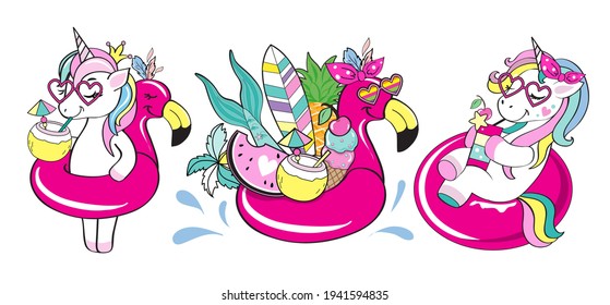 Collection of funny summer unicorns on inflatable flamingos. Vector cartoon illustration isolated. Design for t-shirts, travel, greeting cards