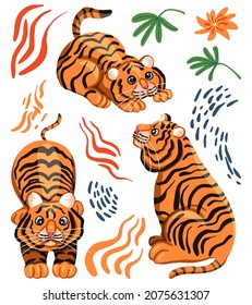 Collection of funny tigers. Eastern calendar symbol. Colorful vector illustration in scandinavian style. Abstract cartoon animals cliparts isolated on white.