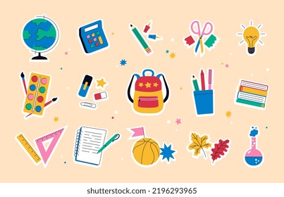 A collection of funny trendy bright "Back to School" badges for students with school supplies. A set of stickers, icons. Flat cartoon style. Vector illustration