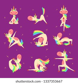 Collection of Funny Unicorn Character with Rainbow Mane and Tail Practicing Yoga Exercises Vector Illustration