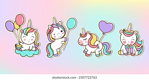 Colección de divertidos unicornios con globos. Conjunto de pegatinas de unicornio. Concepto de cumpleaños. Ilustración vectorial