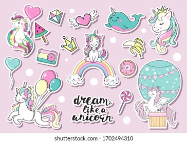 Collection of funny unicorns on a pink background. Birthday concept. Vector illustration