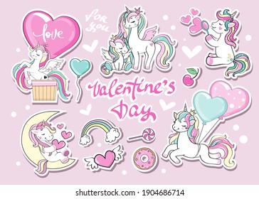 Collection of funny unicorns on a pink background. Valentine's Day concept. Vector illustration cute animals for children. Stickers. Fashion patch badges