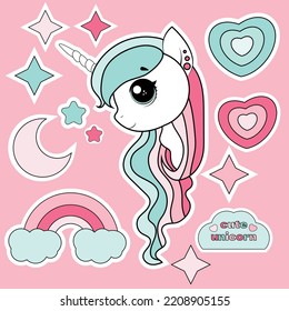 Collection of funny unicorns on a pink background. Birthday concept. Vector illustration