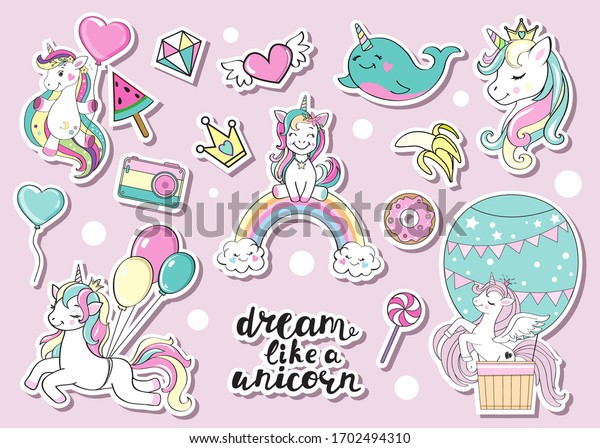 Collection of funny unicorns on a pink\
background. Birthday concept. Vector\
illustration