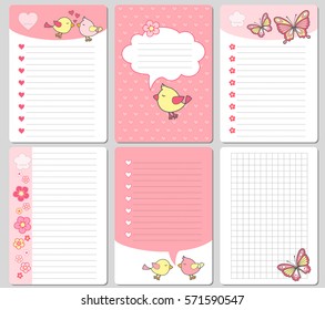 collection of funny vector cards. notes stickers and labels tags with cute birds and butterfly for valentines day and married. Set printable page .