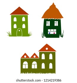 Collection of funny vector houses with red roofs

