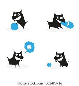 Collection of funny vector illustrations of a four black dogs.