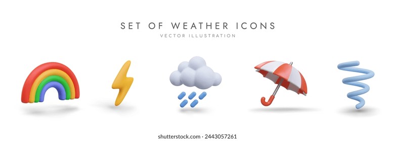 Collection of funny weather icons. Realistic rainbow, lightning, cloud with rain, umbrella, tornado