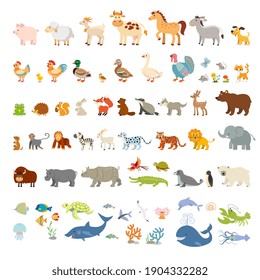 Collection of funny wild animals of the world and ocean. Zoo. Mammals, birds, reptiles and fish of tropical countries, North America, Eurasia and the Arctic. Domestic animals and poultry.