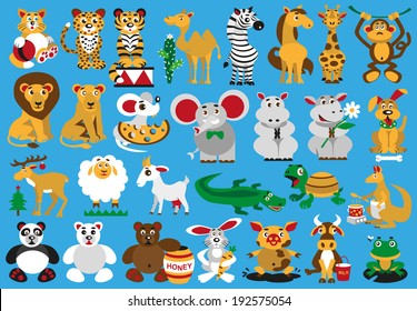 Collection funny wild and domestic animals on blue background.