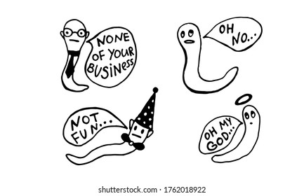 Collection of funny worms with speech bubble. Hand drawn vector character illustration. Outline doodle drawing